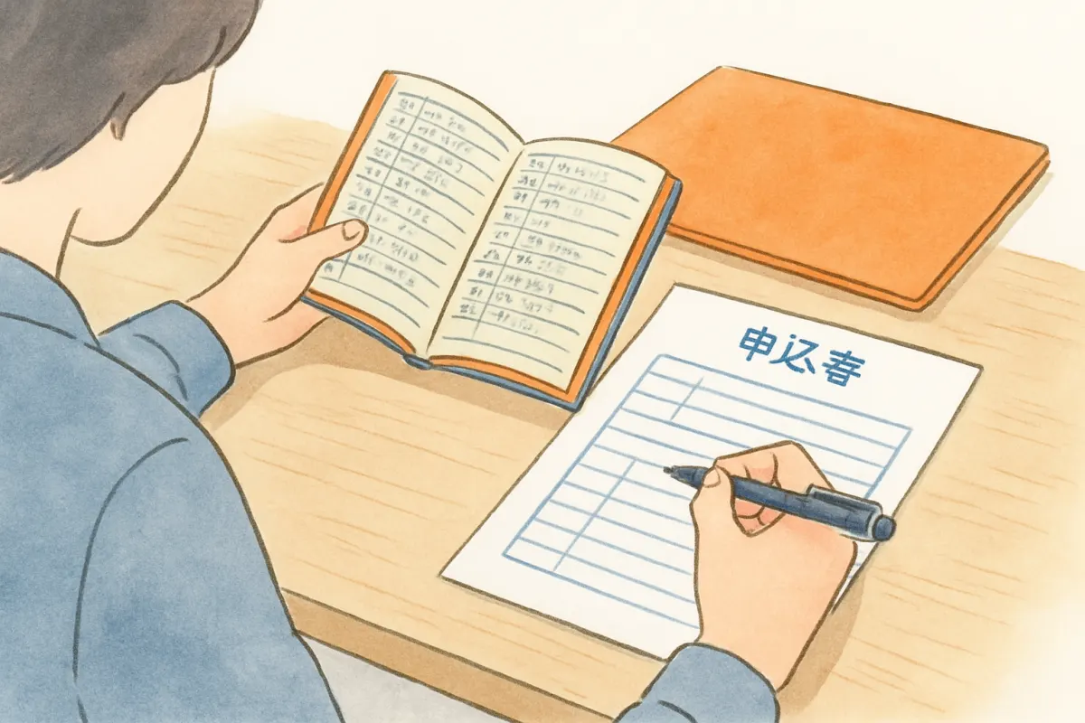 所在調査の申し込みに必要な情報を書類にまとめる様子