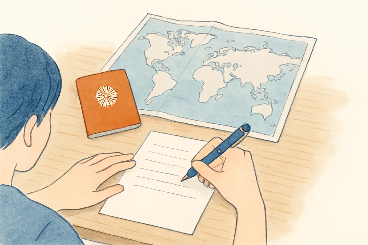 机の上のパスポートと世界地図を前に手紙を書く手元
