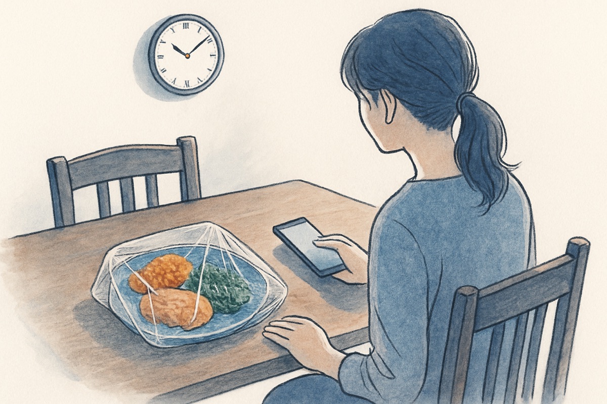 夜のダイニングで一人、スマホの通知を待つ女性の手元と冷めた食事