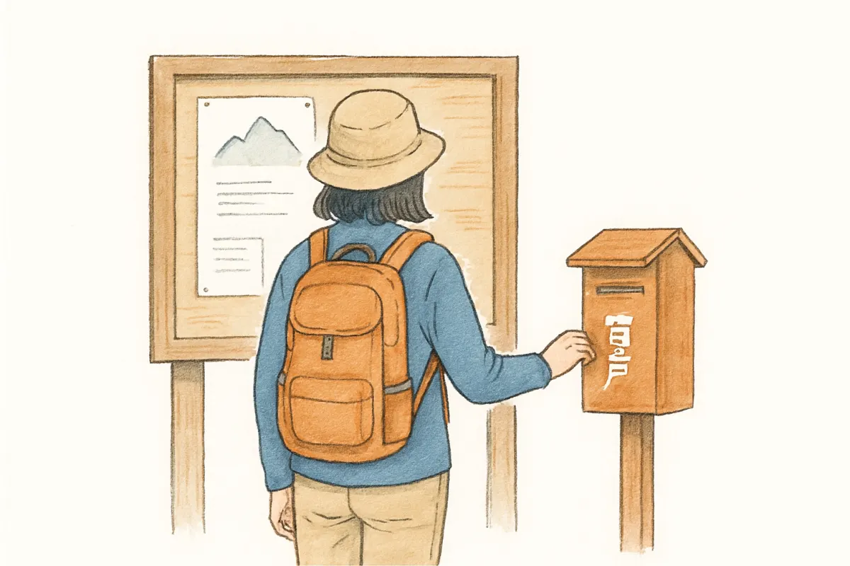 登山口で登山届の提出ポストを確認する様子