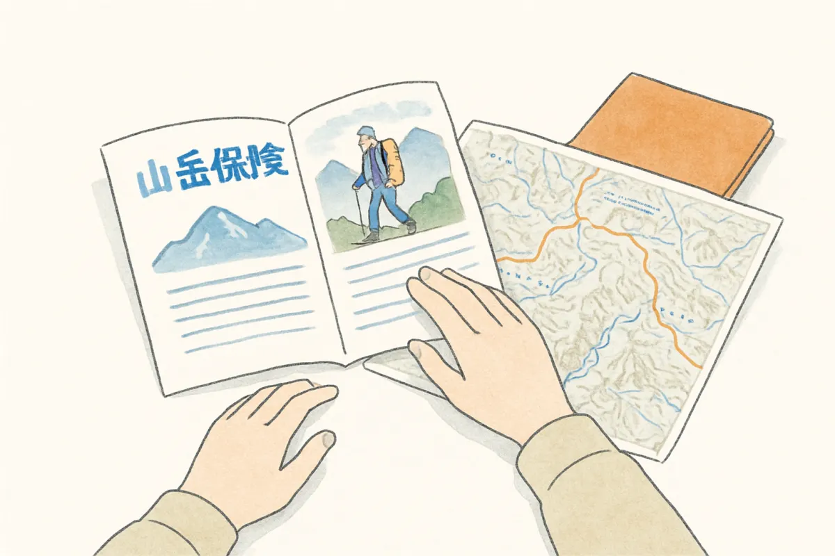 山岳保険のパンフレットと登山地図を確認する様子