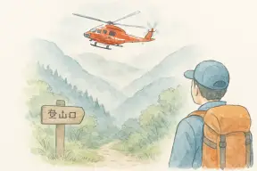 山あいの空を飛ぶ救助ヘリコプターを麓から見上げる様子
