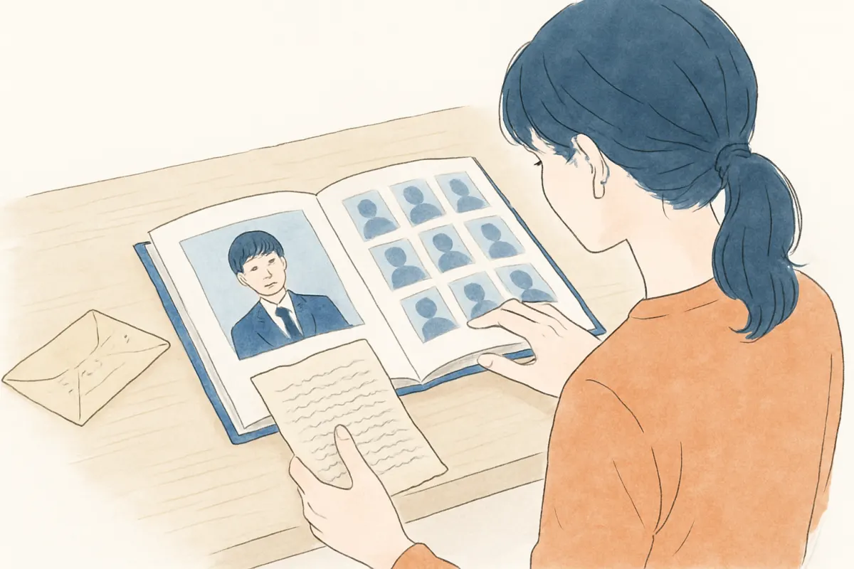 卒業アルバムや古い手紙から名前以外の手がかりを探す様子