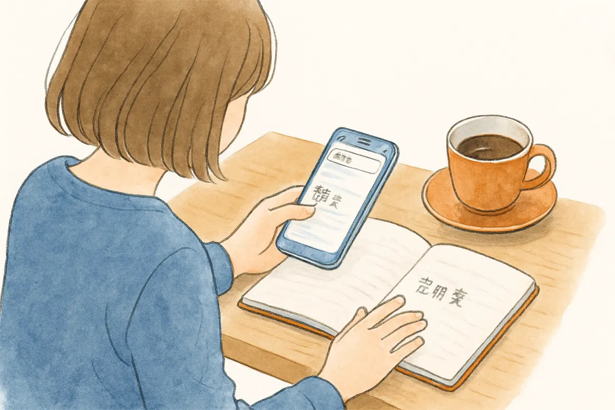 ノートに書いた名前を見つめながらスマホで検索する女性の手元