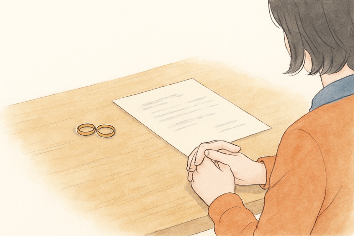 テーブルに置かれた結婚指輪と書類、その前で静かに組まれた女性の手元