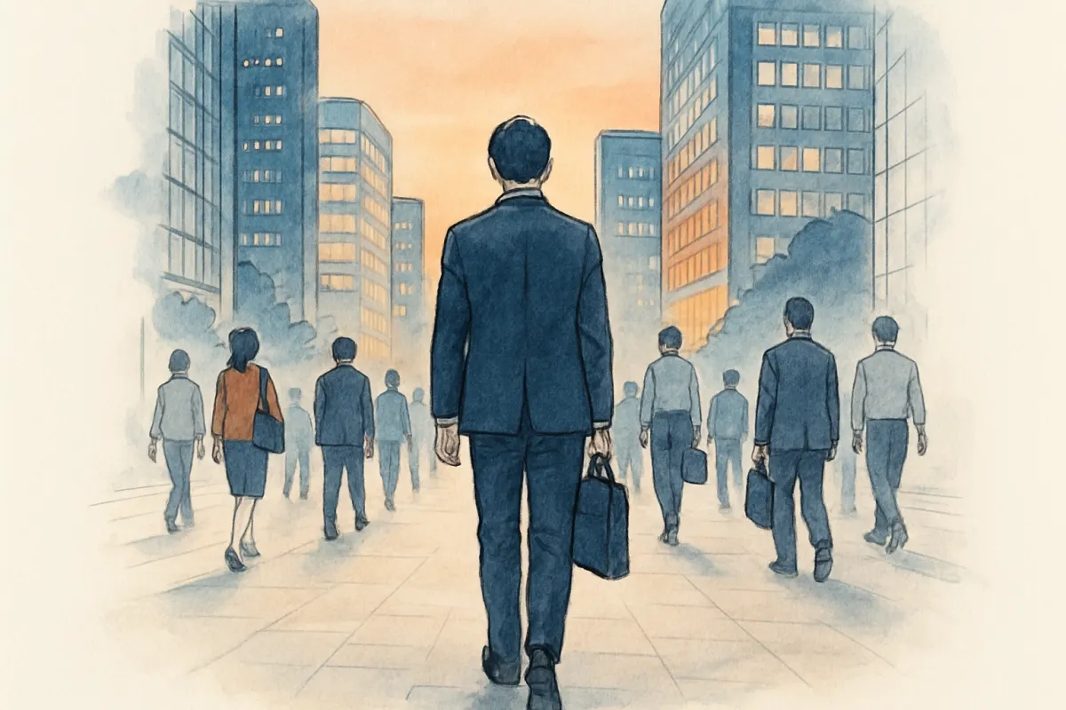 夕暮れのオフィス街を帰宅する会社員の後ろ姿