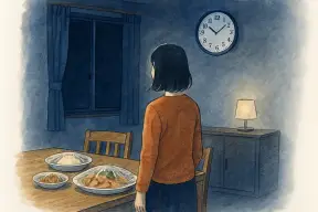 夜のリビングでテーブルの夕食を前に時計を気にする女性の後ろ姿
