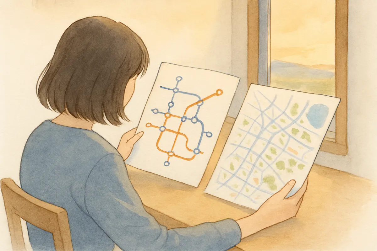 岡山の中心部と郊外の調査環境を確認する様子