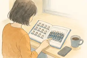 卒業アルバムを開いて懐かしむ女性の手元