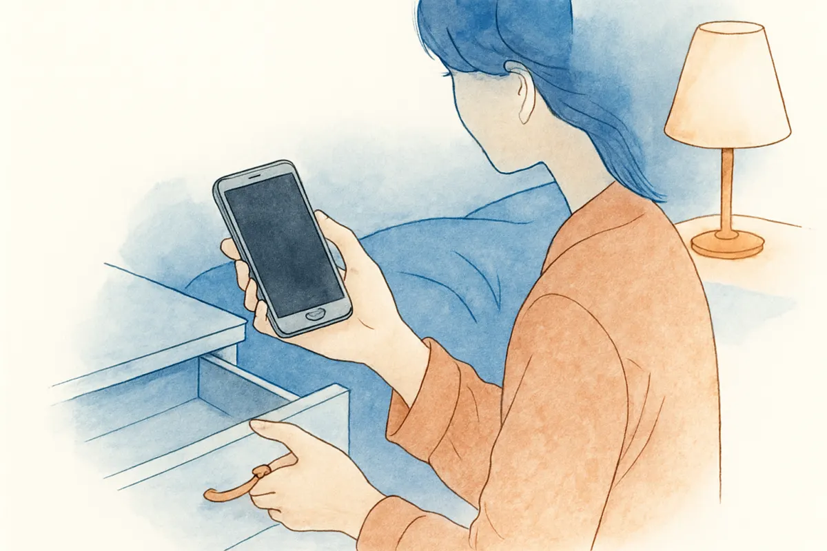 引き出しから出てきた古いスマホを手に取る女性の手元