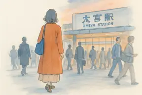夕暮れの大宮駅前の通りを歩く女性の後ろ姿