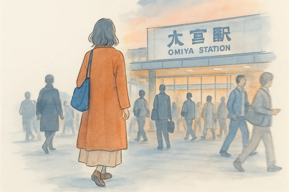 夕暮れの大宮駅前の通りを歩く女性の後ろ姿