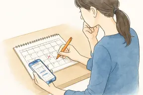 カレンダーに印をつけながらスマホで予定を確認する女性の手元