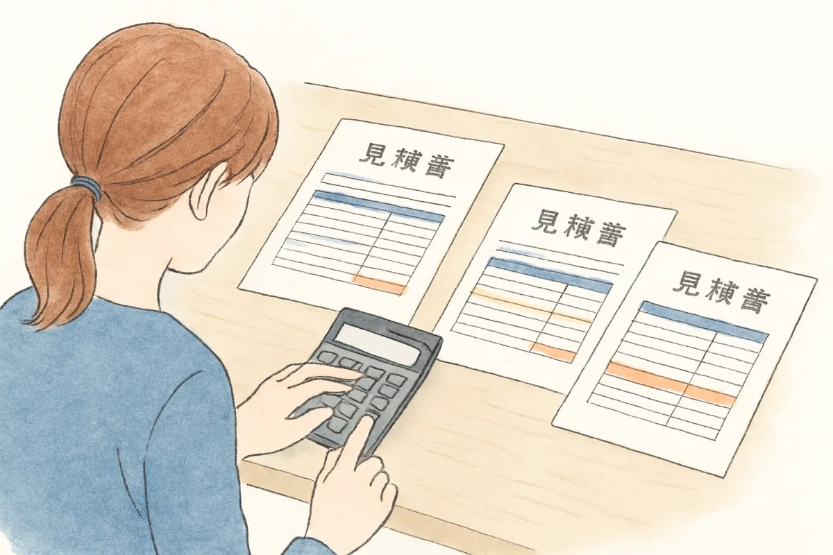 複数社の見積もりを総額と内訳で比較する様子