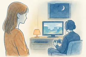 深夜にヘッドセットをつけてゲーム画面に向かう配偶者を見つめる女性