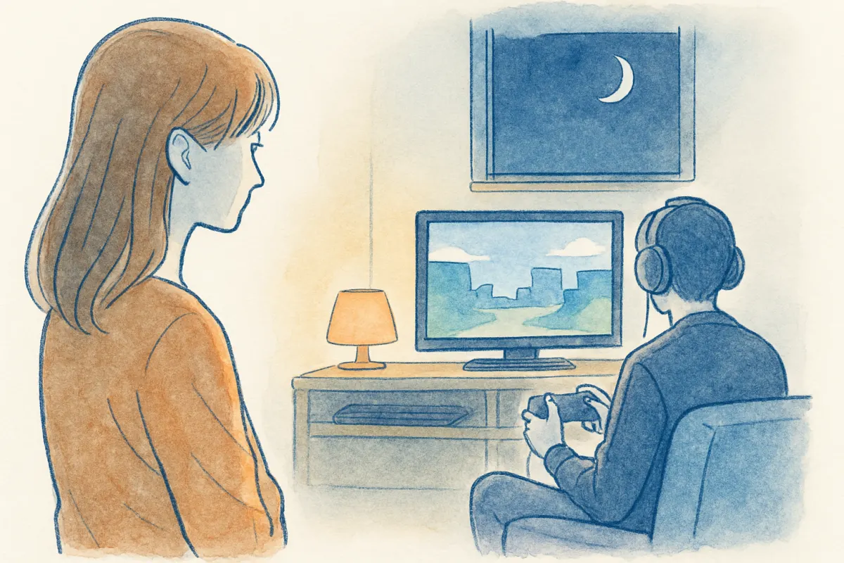 深夜にヘッドセットをつけてゲーム画面に向かう配偶者を見つめる女性