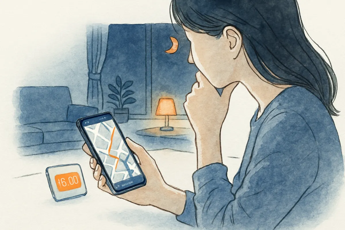 夜のリビングで世界地図とスマホを見比べて考え込む女性の手元