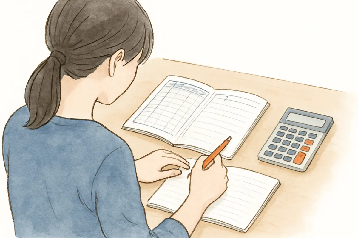 家計簿とノートで将来の家計への影響を整理する様子