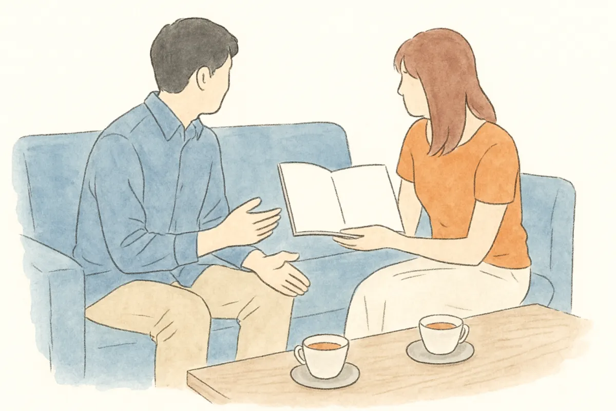婚約者と将来の家計について話し合う場面