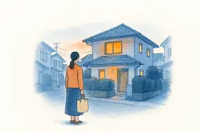 実家の前で立ち止まり考え込む女性の後ろ姿