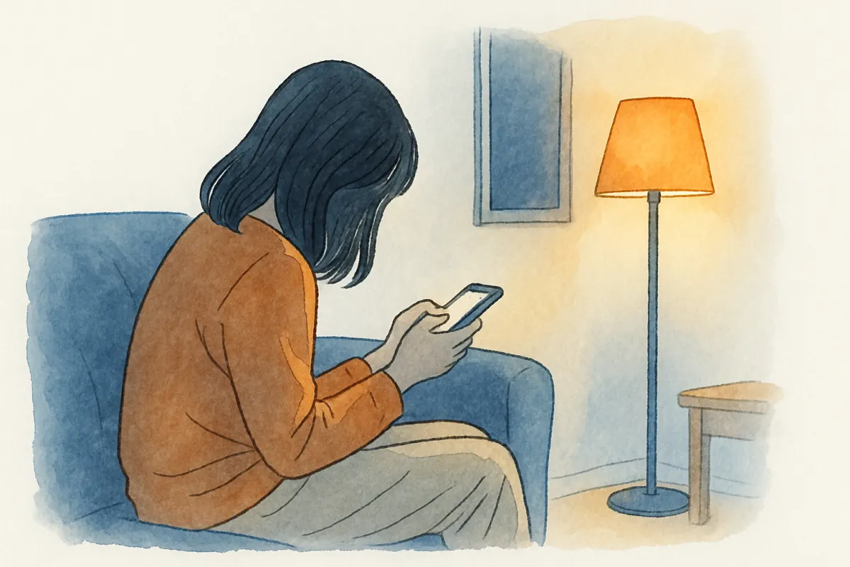 夜の部屋でスマホを手にうつむく女性