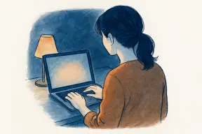夜の部屋でノートパソコンの画面を見つめる女性の手元