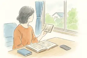 古いアルバムの写真を手に窓辺で考え込む女性