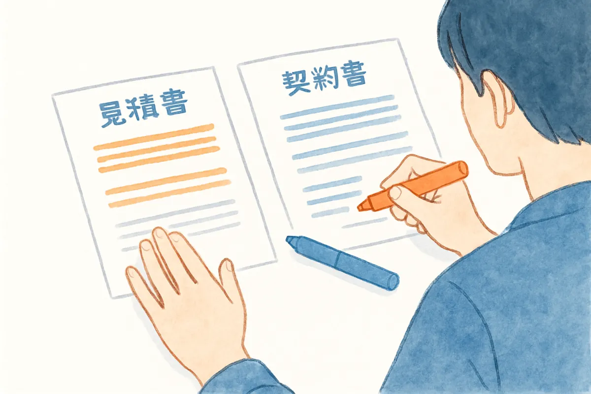 見積書と契約書の内容を確認する様子
