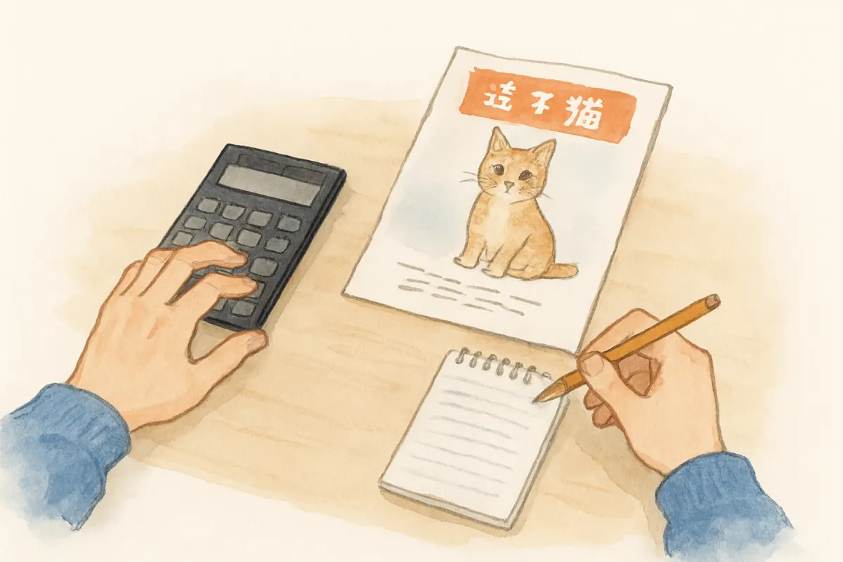 電卓とメモ帳を前にペット捜索の費用を計算する飼い主の手元
