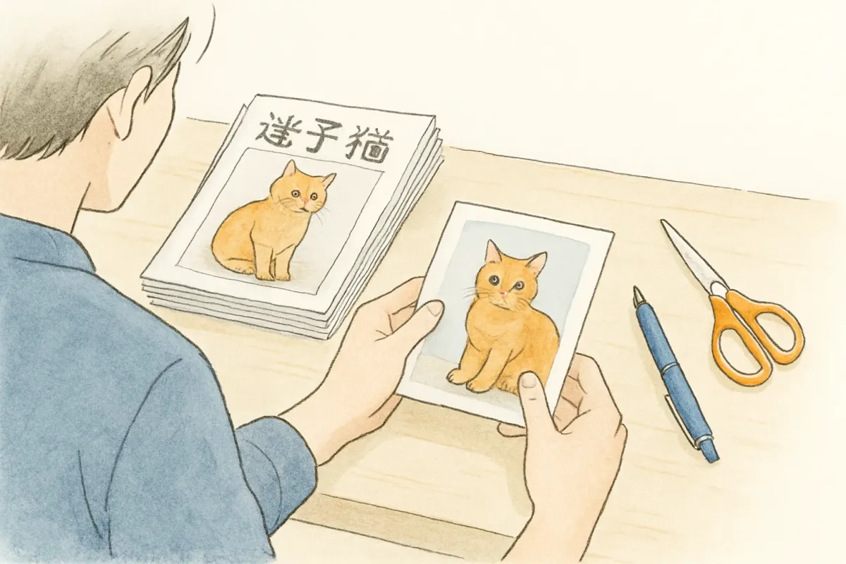 自作した迷子猫の捜索チラシを準備する様子