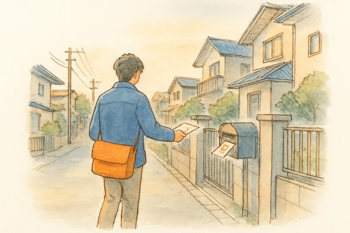 住宅街でチラシをポスティングする様子