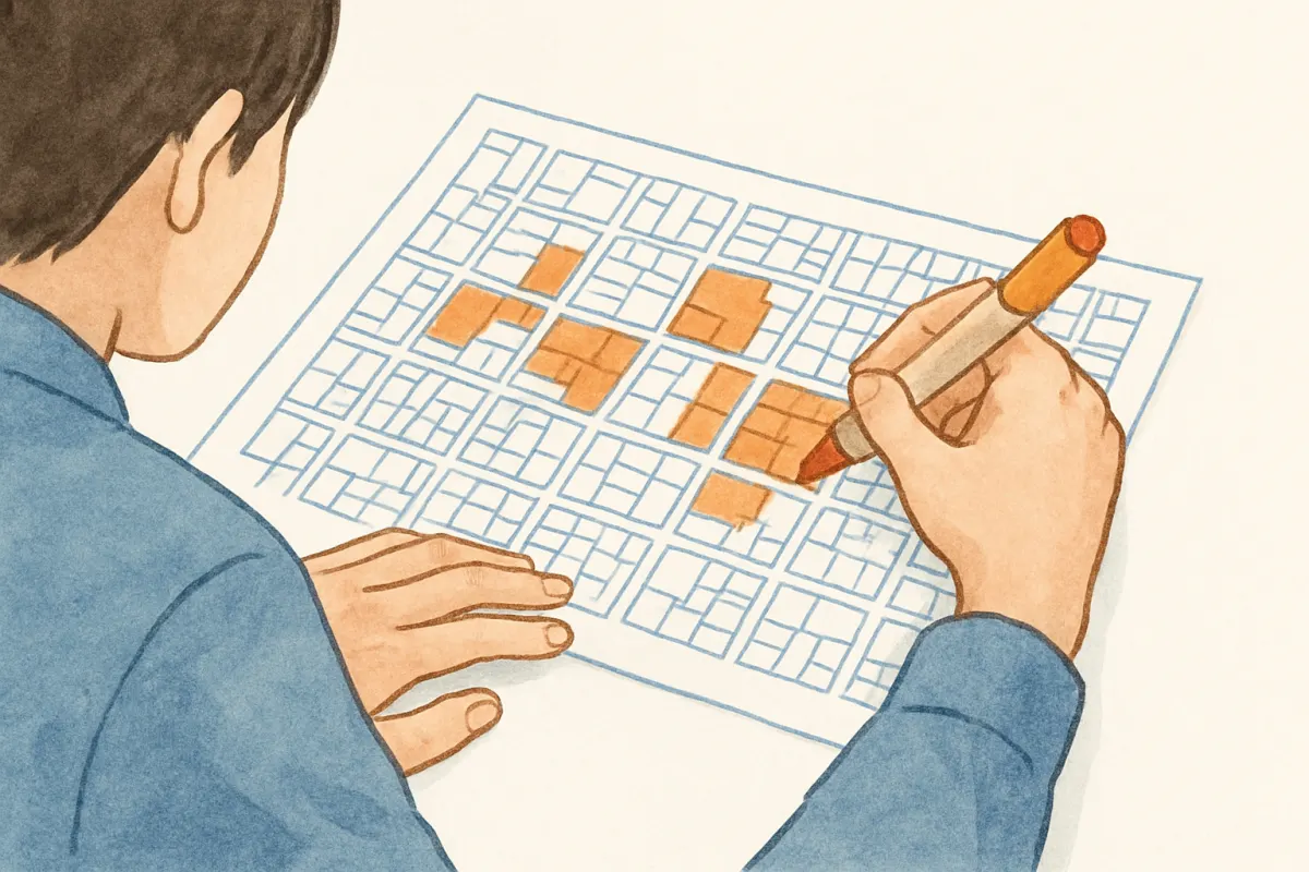 捜索範囲を書き込んだ地図を見ながら打ち合わせる様子