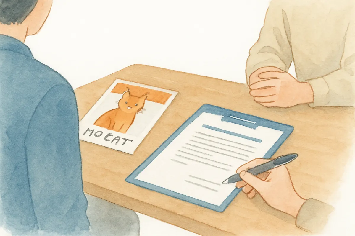 契約書とペンを前に説明を聞く飼い主の手元