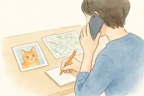 電話で捜索の相談をしながらメモを取る飼い主の手元と猫の写真