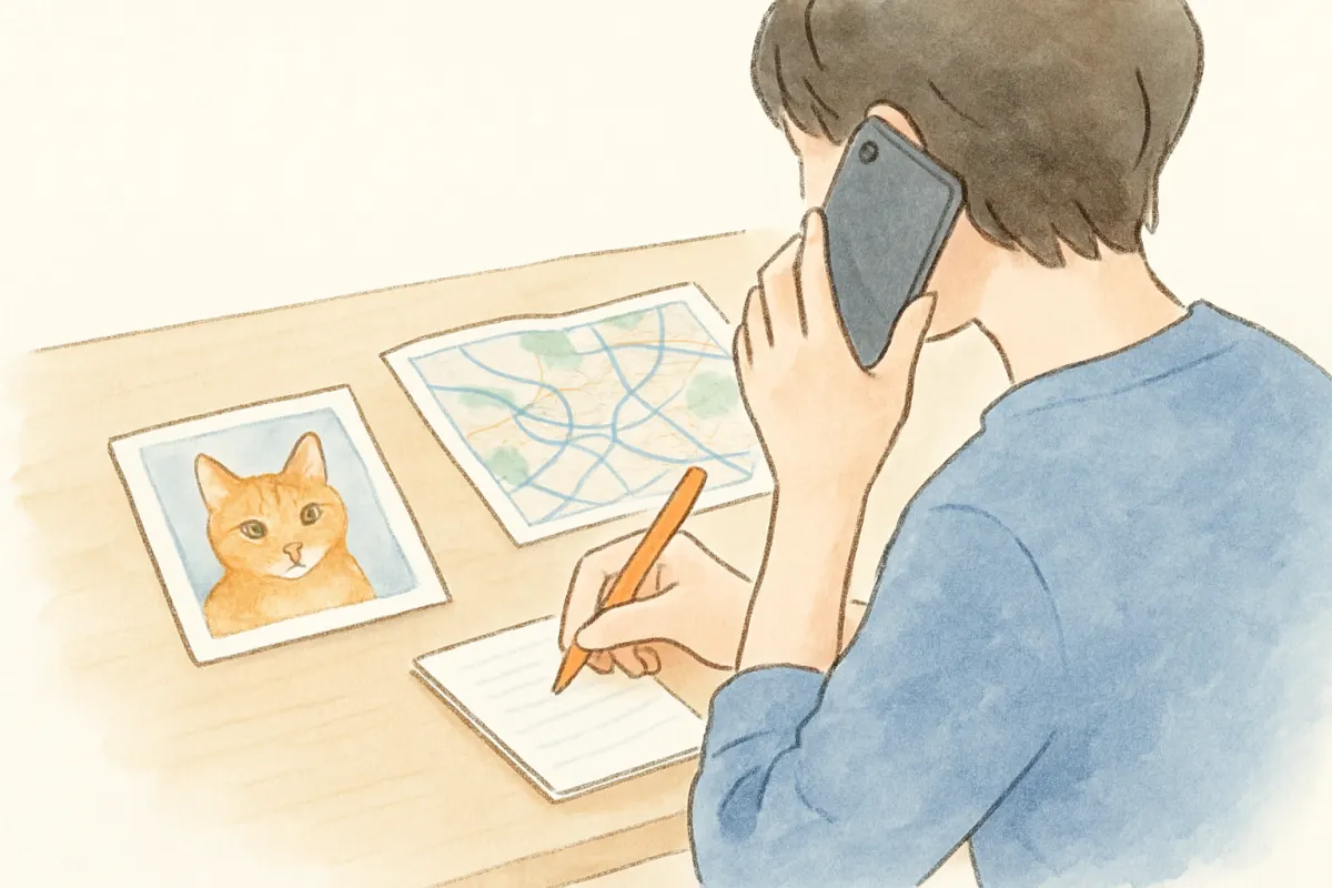 電話で捜索の相談をしながらメモを取る飼い主の手元と猫の写真
