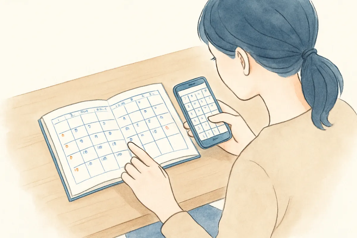 手帳とスマホで怪しい日時を見比べる様子
