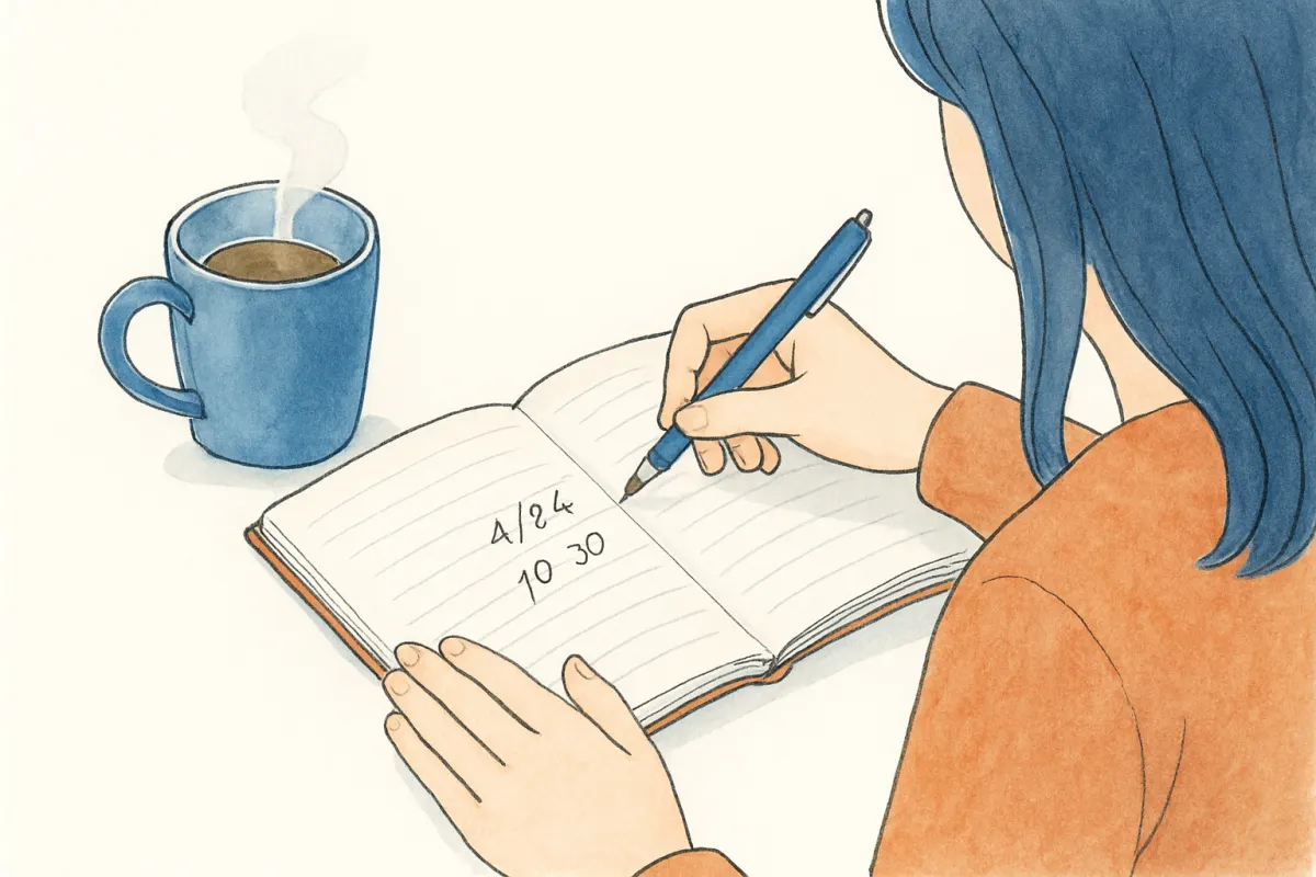 帰宅時間の記録をノートにつける様子