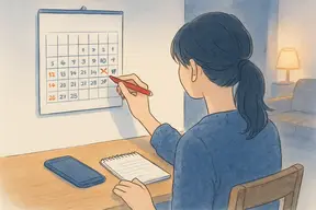夜のリビングでカレンダーの一日に印をつける女性の手元