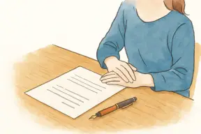 テーブルに置かれた一枚の書面とペン、その前で静かに重ねられた女性の手元