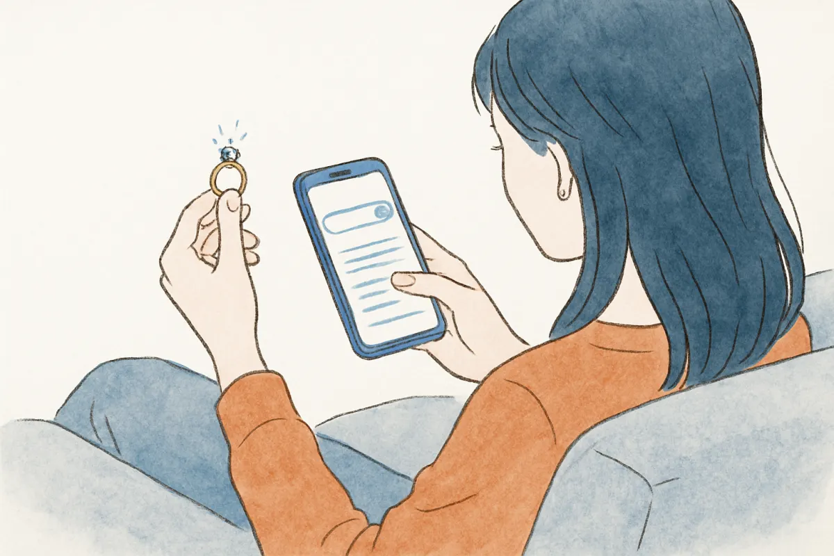 婚約指輪を眺めながらスマホで身辺調査について検索する手元