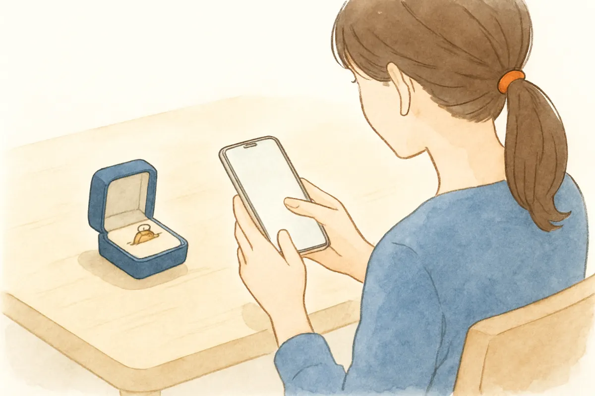 婚約指輪の箱を前にスマホを見つめる女性の手元