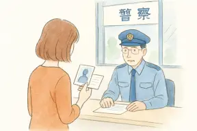 警察署の受付窓口で相談する女性の後ろ姿