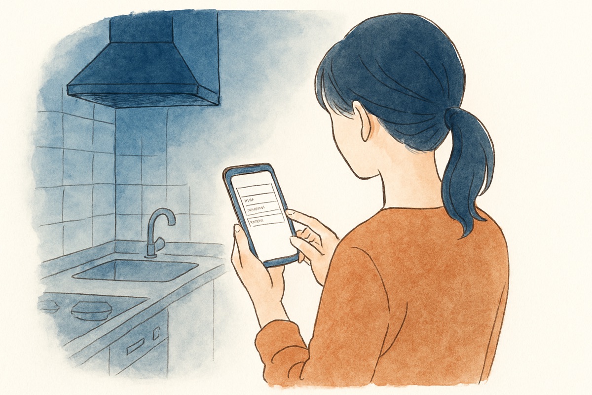スマホの予測変換画面を見つめる女性の手元