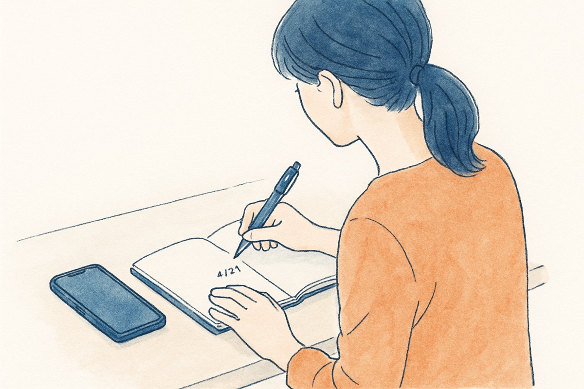 スマホを深追いせずノートに記録する手元