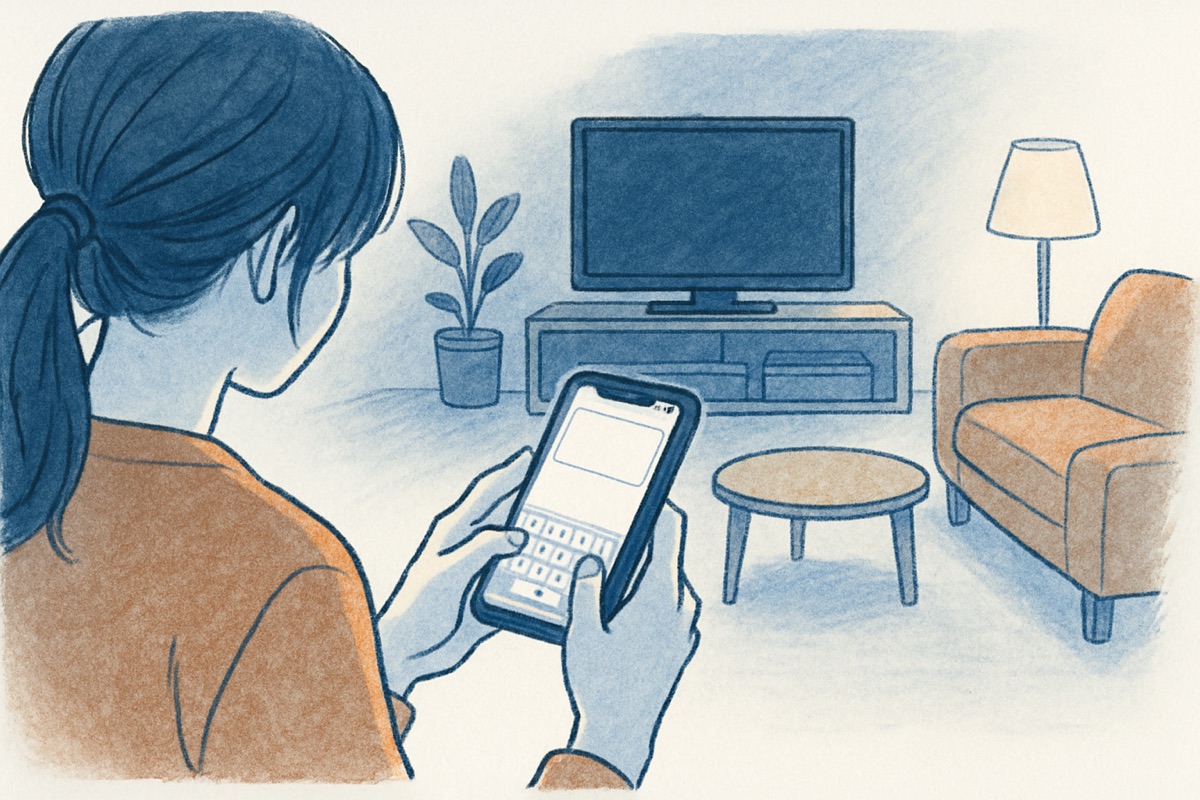 深夜のリビングでスマホの入力画面を見つめる女性の手元