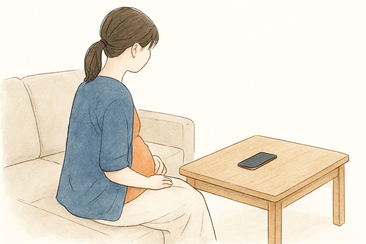 伏せて置かれた夫のスマホを見つめる様子