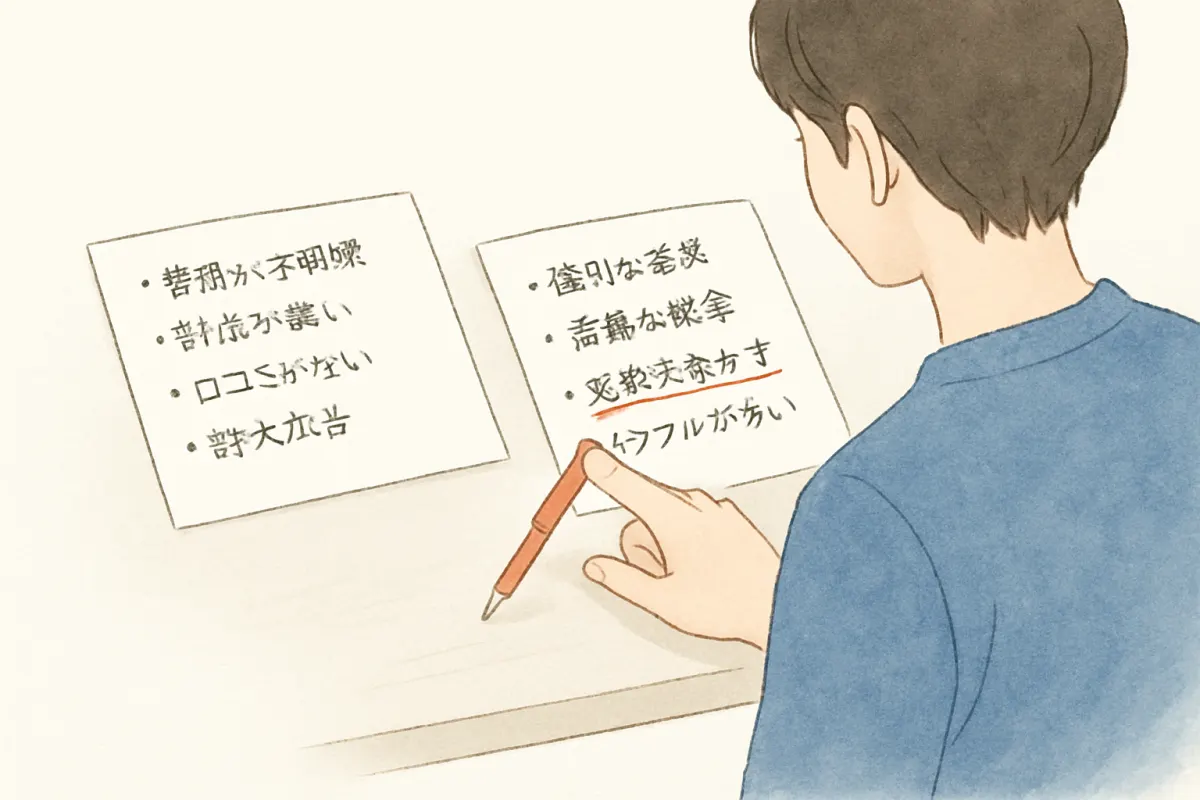 避けたい業者の特徴をメモする手元