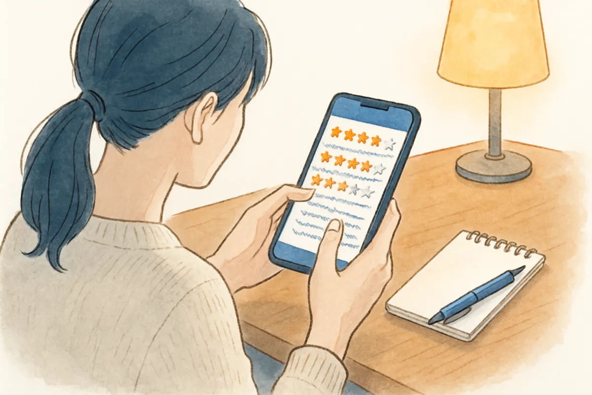 スマートフォンで探偵事務所の口コミを確認する様子