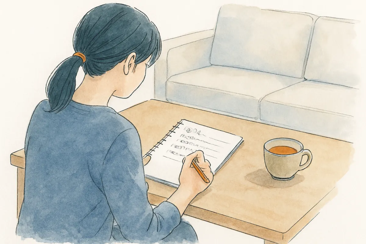 再構築の条件をノートに書き出して整理する様子