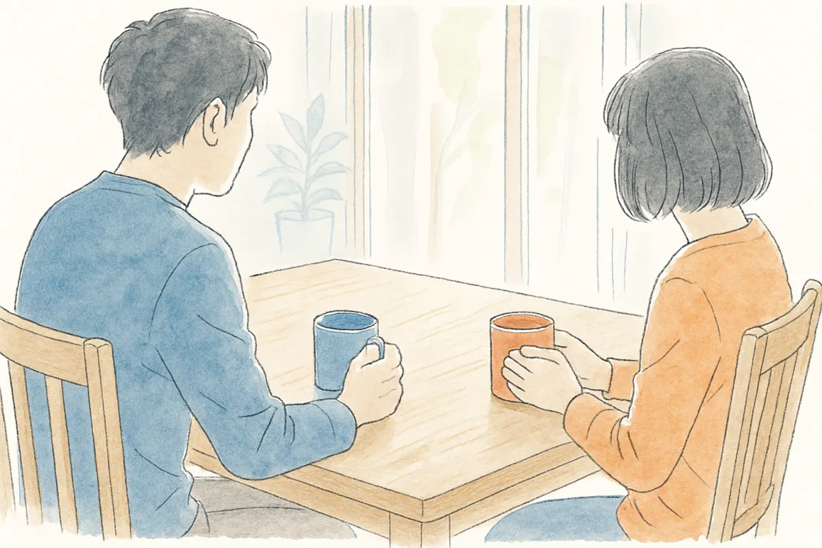 朝のダイニングテーブルでマグカップを挟んで向かい合う夫婦の手元